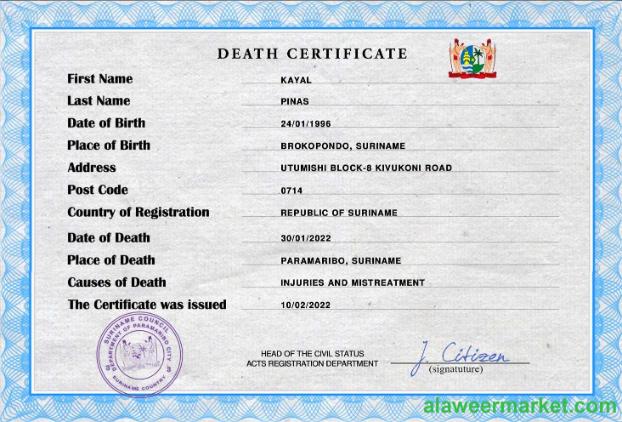 Suriname vital record death certificate PSD template